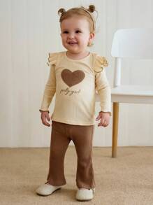 Cozy Pixies 2pcs Baby Girl Heart Pattern Knitted Soft Round Neck Ruffle Trim Long Sleeve Pullover Top And Elastic Waist Flared Pants Set Baby Girl Bell Bottom Outfit Beige Baby Girl Clothes Brown Baby Girl Outfit Baby Girl Clothes Baby Girl Fall Outfit Mocha Baby Clothes Baby Girl Ribbed Outfit Baby Girl Two Piece Outfit Baby Bell Bottom Outfit Winter - Multicolor - View 5