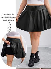 SHEIN CURVE+ Curves 大码/学校服装/返校服装/返校大码女式 PU 皮革黑色迷你短裙短裤，内置短裤和口袋，女式黑色短裙，大码短裙，仿皮短裙，短裤运动短裙，女士假日服装，女士秋季服装，冬季，CURVE PLUS - 黑色 - 查看 9