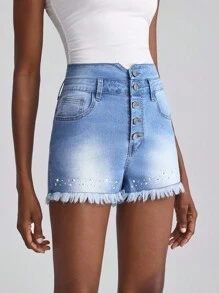 Slaydiva 女士时尚水钻磨边口袋牛仔短裤 - 淺色水洗藍 - 查看 3