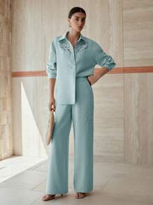 MOTF PREMIUM 对比色蕾丝纽扣上衣和斜口袋裤子套装 - 藍色 - 查看 5