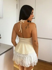 Lucia Bellido Women's Fashionable Sweet Solid Color Double-Layered Lace White Mini A-Line Skirt Y2K Outfit  - White - View 2
