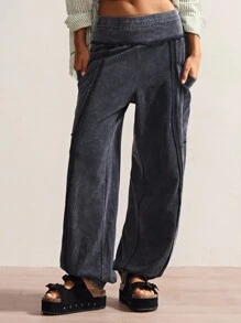 Bohemela Quần dài dệt kim màu trơn thường ngày cho nữ - màu đen - Xem 6