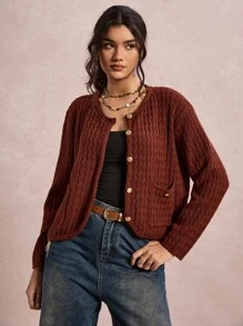 SHEIN VCAY Metal Buckle Knitted Women Cardigan Sweater, Round Neck Pockets, Autumn/Winter - Burgundy - View 1