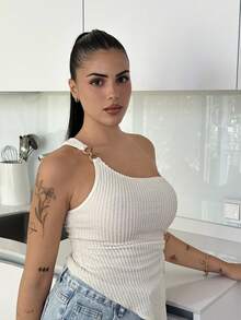 Lucia Bellido 女士夏季假期燕麦纹理针织单肩紧身下摆开衩抽绳褶皱吊带背心，适合派对、约会之夜、情人节、复活节、狂欢节、下午茶、海滩巡游、城市街头度假 - 米色 - 查看 4