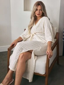 Louniche Women's Solid Color Long Sleeve V-Neck Tie Front Split Casual Dress Maxi Women Outfit