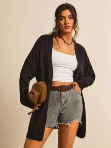 SHEIN LUNE Plus Solid Button Front Cardigan In Fall/Winter - Black - View 5