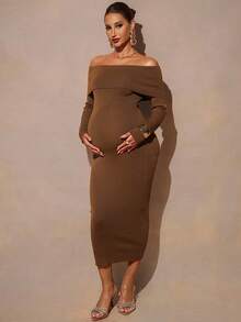 MaterniChic 孕妇纯色露肩长袖修身针织连衣裙 - 棕色 - 查看 4