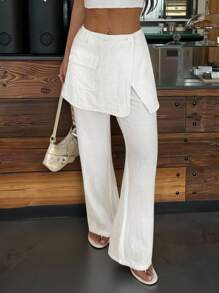 SHEIN EZwear 白色梭织女式工装口袋拼布喇叭长裤 - 白色 - 查看 2