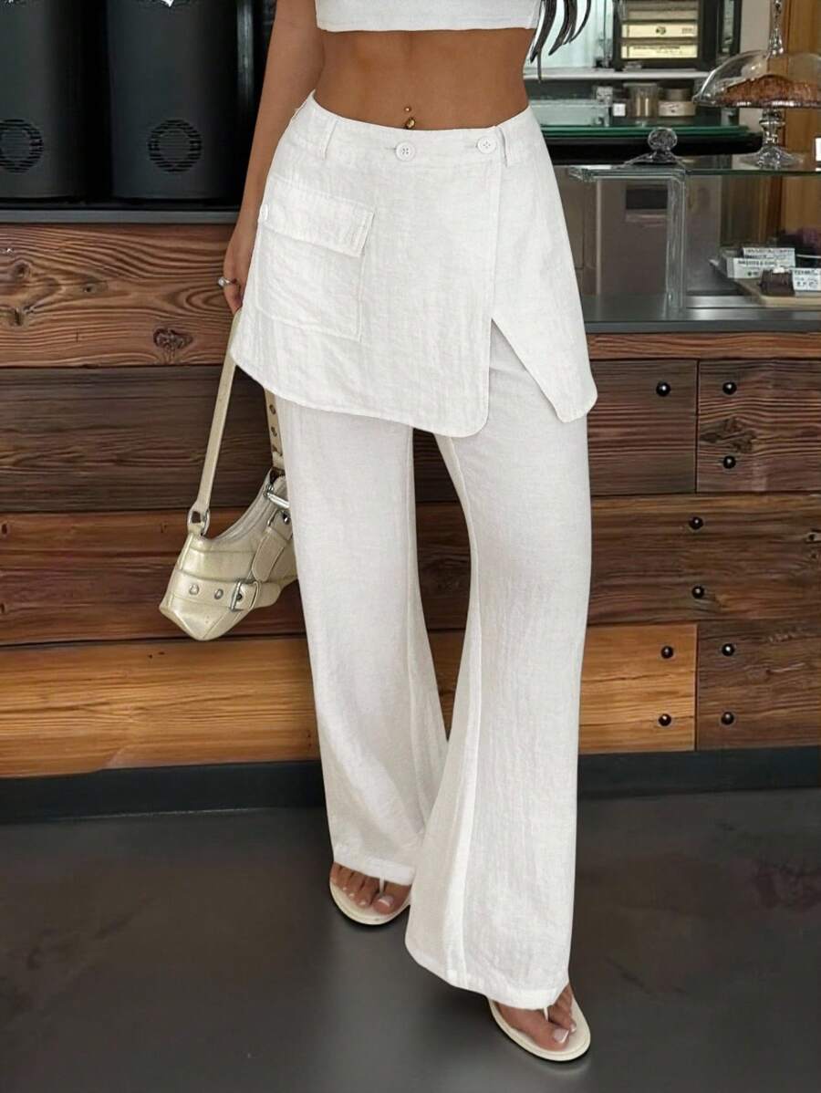 SHEIN EZwear 白色梭织女式工装口袋拼布喇叭长裤 - 白色 - 查看 1