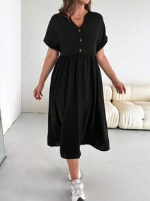 SHEIN Essnce 大码女式休闲宽松连衣裙，夏季短袖连衣裙，宽松舒适连衣裙，带口袋连衣裙，女士休闲连衣裙 - 黑色 - 查看 4