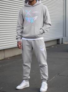 2pcs Teenage Boys' Personalized Graphic Print Hoodie Sweatshirt And Comfortable Casual Slim Fit Pants Set, Suitable For School, Daily Wear, Autumn/Winter Fall