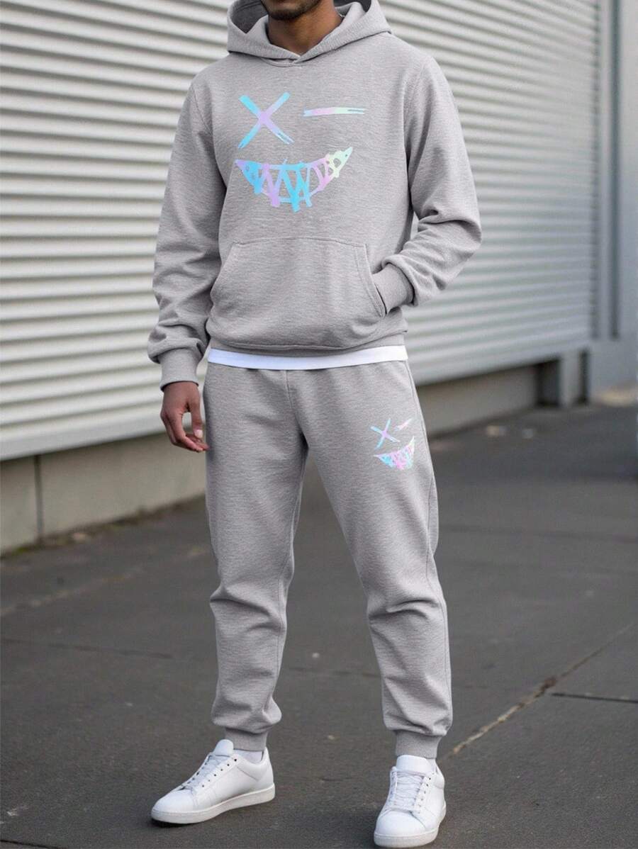 2pcs Teenage Boys' Personalized Graphic Print Hoodie Sweatshirt And Comfortable Casual Slim Fit Pants Set, Suitable For School, Daily Wear, Autumn/Winter Fall