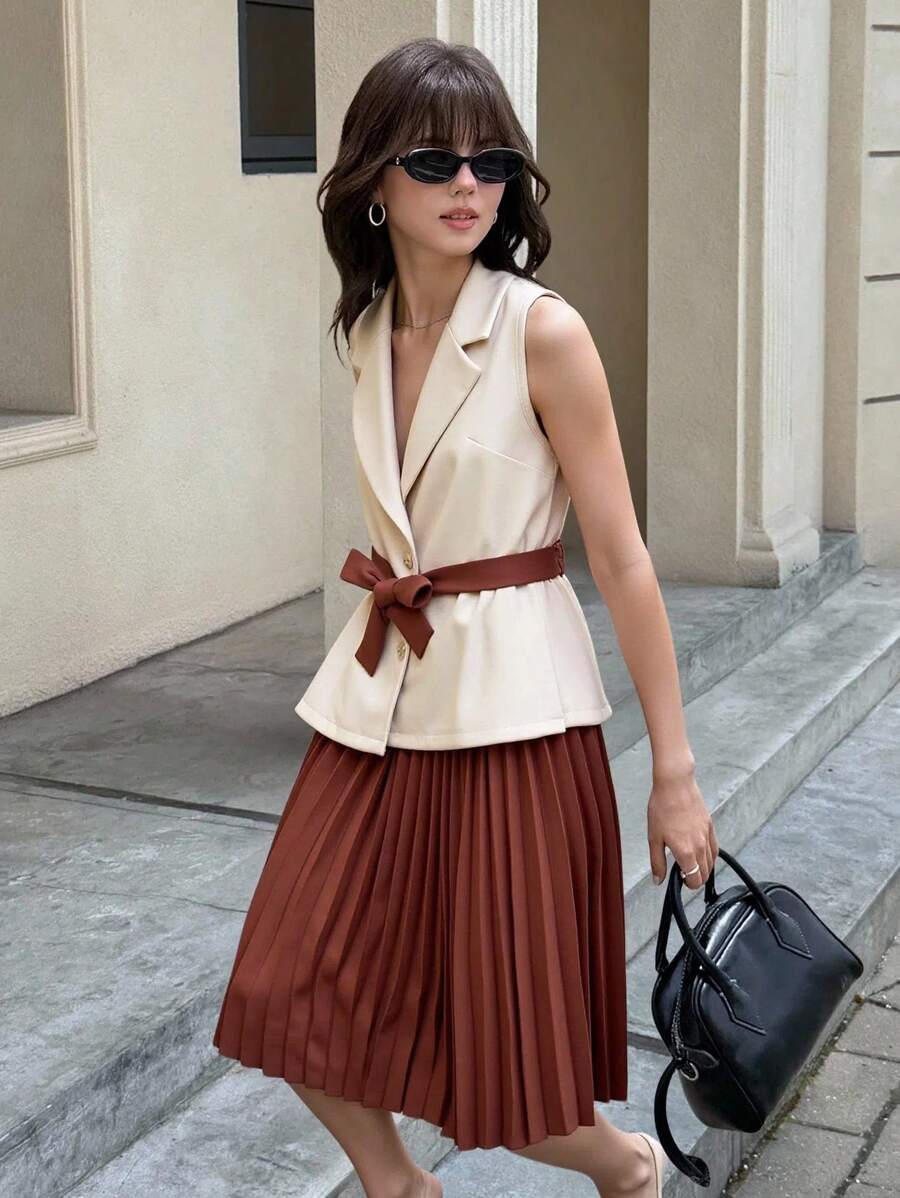 SHEIN 1 套少女优雅通勤杏色背心和褶皱连衣裙，2 件套服装，适合正式场合或工作 - 摩卡棕 - 查看 1