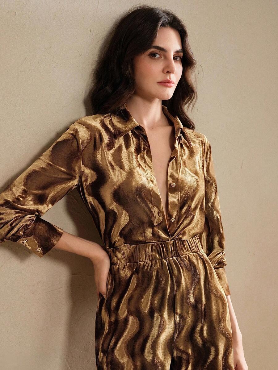 Anewsta 女式两件套，秋冬新品，万圣节和圣诞节，复古都市时尚闪亮波浪褶皱纹理面料宽松舒适时尚上衣和休闲裤 - 卡其色 - 查看 1