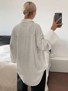 Livesso Camisa holgada de mujer con rayas y parches, de manga larga - Blanco - Ver 2