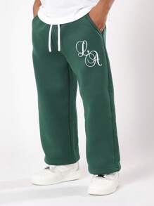 SUMWON Pantalones de chándal con logo de guión de Los Ángeles, ajuste cómodo de pierna ancha, pantalones de invierno, ropa de equipo juvenil, ropa de espíritu escolar de otoño - Verde Oscuro - Ver 4