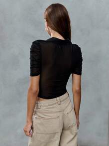 TypaGal Black Ruched Mesh Zip-Up Polo Top With Short Sleeves,Summer Seksi Chic Club Night Grungy Punk Vibe 2000s Flair Back To School Pick Layered Or Solo - Black - View 2