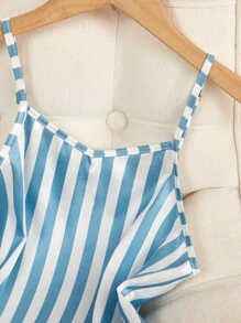 Girls Pajamas, Elegant Blue & White Striped Print, Soft & Comfortable Camisole & Shorts 2 Pieces Set, Suitable For Indoor & Outdoor Wear, Spring/Summer