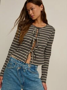 Nöista Navy-And-Cream Striped Tie-Front Cardigan-Top In Rib-Knit. Perfect For Spring-To-Fall Women Clothes, Parisian-Nautical Weekend Looks, Cozy Campus Layering, Or Breezy Café Dates-Playful, Slim-Fitting, And Effortlessly Chic All Season. - Black - View 4