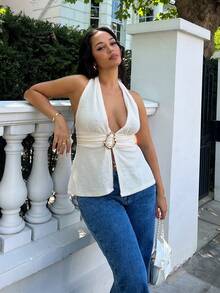 NegzBox Spring/Summer Sexy Beach Vacation V-Neck Metal Buckle Halter Backless Textured Fabric Tank Top, Suitable For Holiday, Date, Afternoon Tea, Music Festival, Bohemian Style