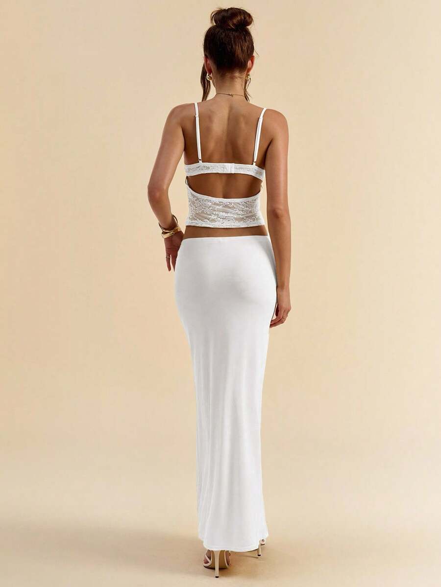 SHEIN BAE 女式夏季蕾丝露背吊带背心和透明中长裙两件套 - 白色 - 查看 1