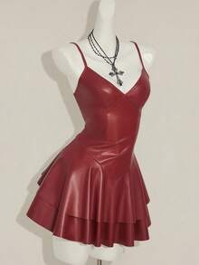 SHEIN ICON Y2K 女士酒红色 PU 皮革性感 V 领迷你连衣裙
