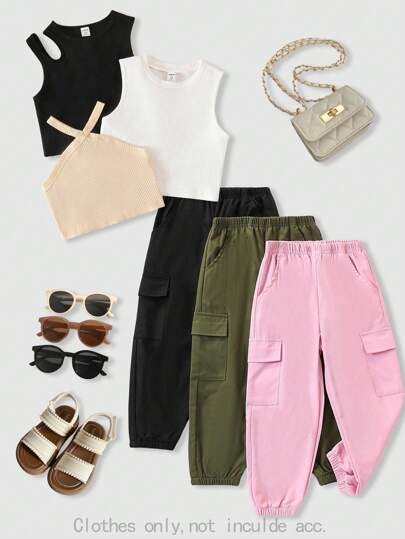 3件套少女罗纹针织吊带背心，镂空休闲百搭款，杏色、白色、黑色等多种颜色可选，春夏款