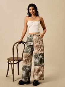 Easelle Women's Retro Casual Personalized Avant-Garde Yellow-Green Camouflage Pattern Splicing One Trousers Multi-Wear Zipper Closure Multi-Function Loose Straight Low-Waist Trousers - Multicolor - View 3