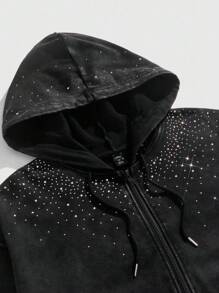 ROMWE MEN Street Life Men's Casual Washed Rhinestone Hoodie Sweatshirt - Black - View 3