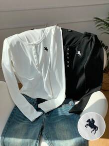 Comfortcana 2pcs Women's Solid Color Henley Neck Embroidery Slim Fit Long Sleeve T-Shirts - Black and White - View 3