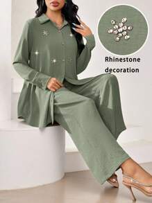 Veilorie 2件套女式纯色长袖串珠衬衫和裤子套装