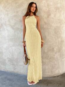 Aloruh 女士纯色简约无袖连衣裙，休闲日常穿着 - Butter Yellow - 查看 4