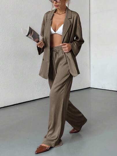 Aveloria Modichic Women's Fall 2 Pieces Textured Sets Casual Button Down Shirt Wide Leg Pants Outfit Loungewear Tracksuit Elegant Business Casual Women 