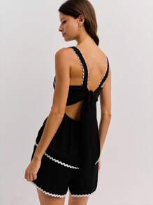 Nöista Women's Black And White Two Pieces Set,Elegant Peplum Hem Contrast Top & Matching Shorts With Pockets,Summer Vacation Holiday Luxury Party Clothing - Black - View 6