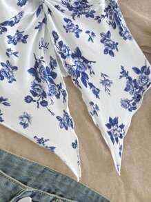 SHEIN Tween 女童休闲花卉印花不对称下摆背心，舒适简约 - 藍色 - 查看 4