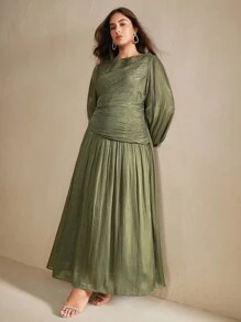 Anewsta 女式加大码橄榄绿色亮面长裙，圆领，腰部褶饰，泡泡袖，优雅百搭 - 橄欖綠 - 查看 6