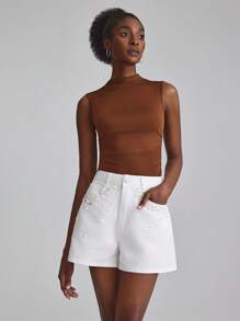 Selenza 优雅手工串珠水钻水洗牛仔短裤 - 白色 - 查看 6