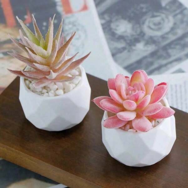 1 Set de Plantas Suculentas Artificiales Rosas en Maceta | Decoración Falsa Pequeña con Toque Realista para Escritorio, Estantería, Baño | Decoración del Hogar de Bajo Mantenimiento para Sala de Estar, Dormitorio, Oficina | Regalo de Follaje Falso Estético para Inauguración de Casa, Boda