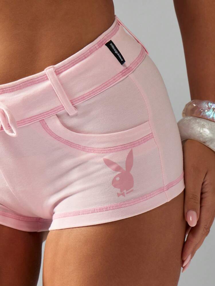Missguided x Playboy 超スタイリッシュなハイウエストドローストリング ホットパンツ、夏のビーチラウンジ用、コットンブレンド、ウエスト部分はエラスティック、レトロなスポーツブーティーショーツ、可愛いサイドポケット付き、フェスティバルウェア