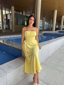 Lucia Bellido Solid Ruched Bust Lace Up Side Formal Cami Long Dress,Pastel Dresses For Women - Yellow - View 1