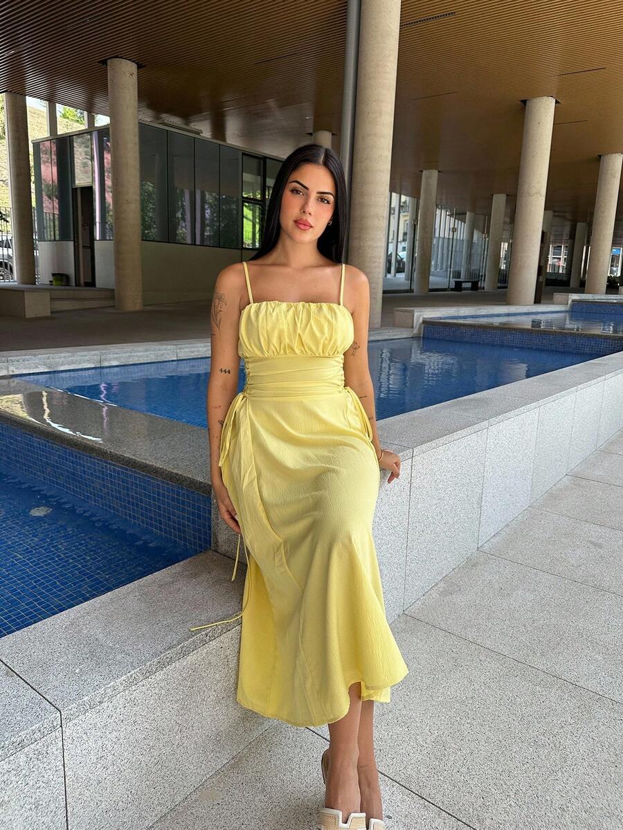 Lucia Bellido Solid Ruched Bust Lace Up Side Formal Cami Long Dress,Pastel Dresses For Women - Yellow - View 1