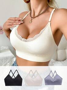 SHEIN 3 Stücke/Set Damen Standard Größe Spitze Patchwork BH Wäsche Set - Verschiedenfarbig - Übersicht 2