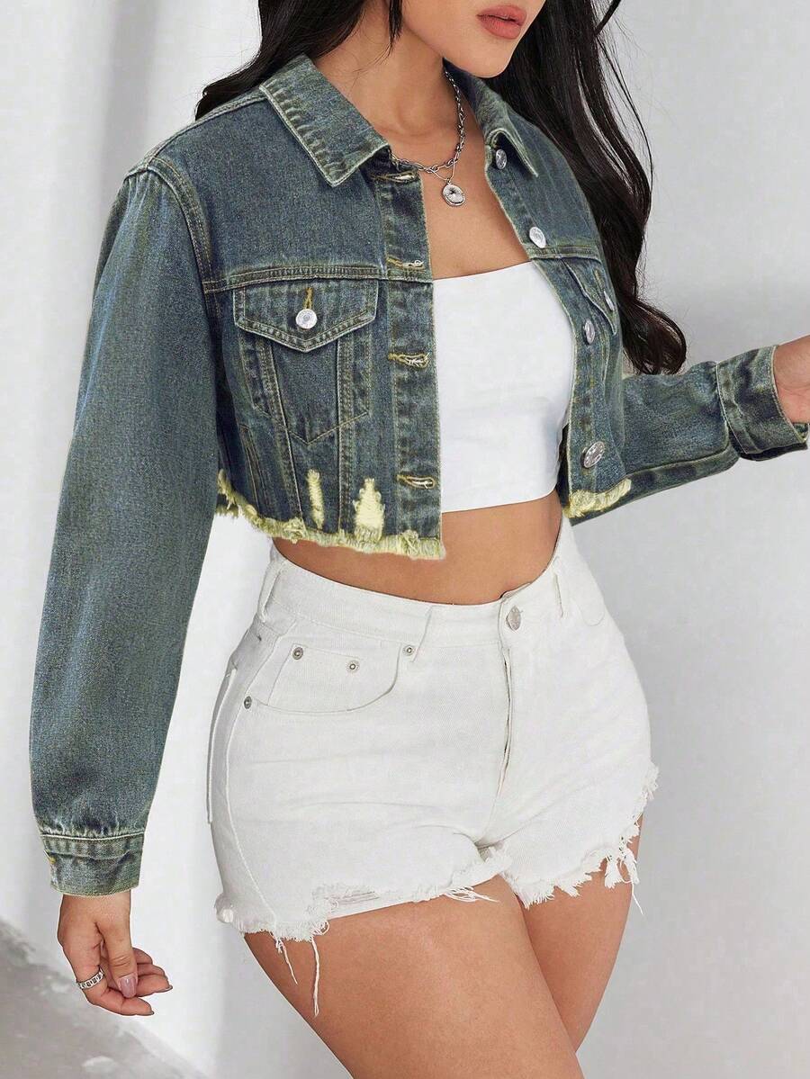 SHEIN ICON 女式长袖单排扣休闲短款牛仔夹克 - 深色水洗藍 - 查看 1