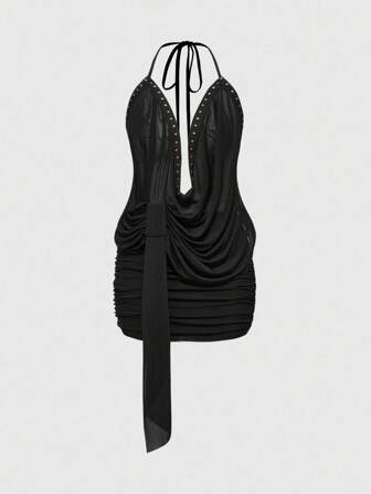 J-Fashion Vestido mini transparente de ajuste ceñido con decoración de cinta con cuentas, estilo retro Y2K para festivales de música, para mujer