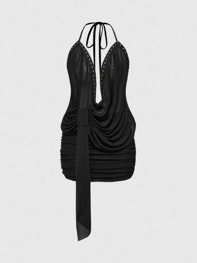 J-Fashion فستان ميني شفاف ضيق مطابق مزين بشريط خرزي ذو ياقة عالية على الرقبة بطراز رجعي من حقبة الألفية الثانية للنساء