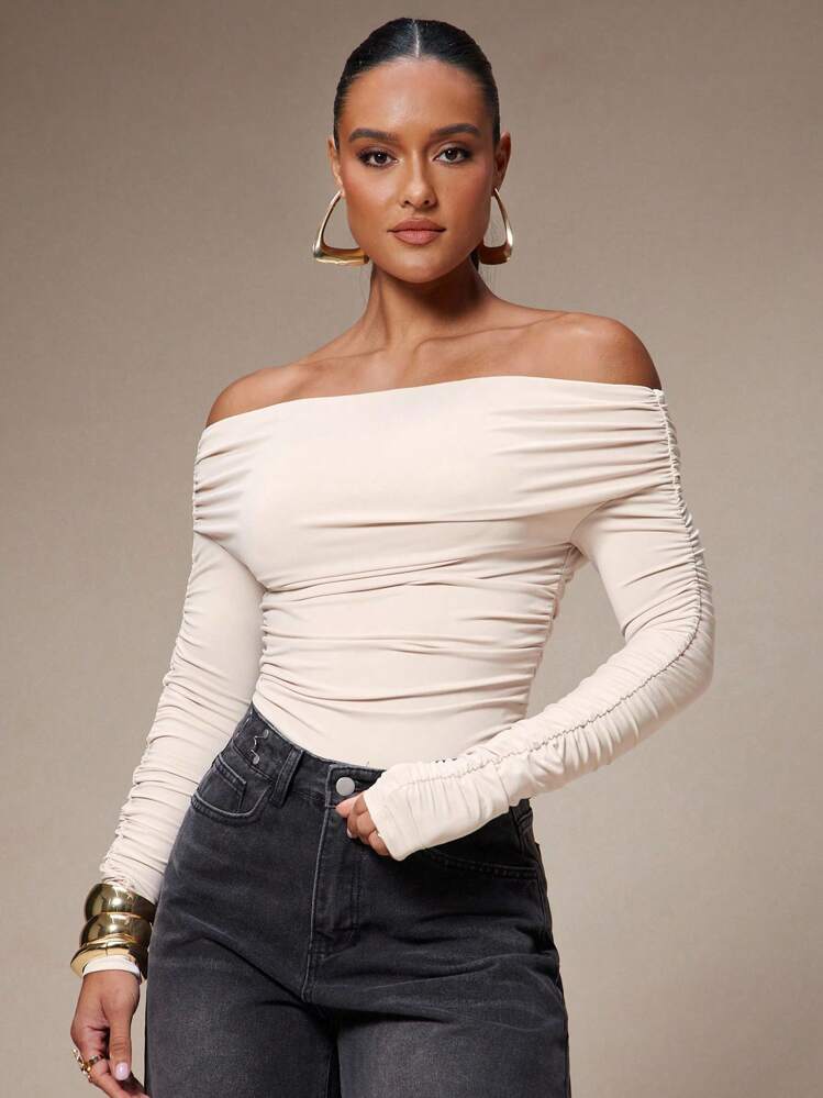 Silquee Women's Elegant Baby Pink Off-Shoulder Bodysuit,Long