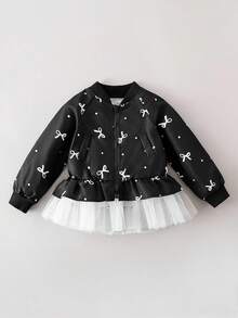 年轻女孩蝴蝶结印花网眼拼布夹克 - 黑色 - 查看 2