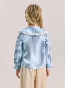 Maija Kids Maija Kids 少女条纹彼得潘领长袖衬衫，适合日常休闲和通勤穿着 - 藍色 - 查看 2