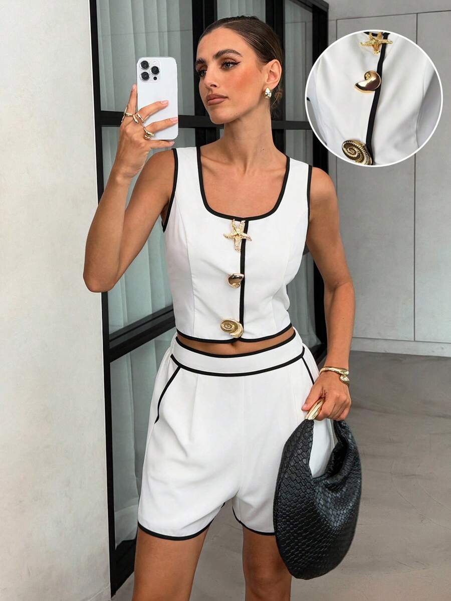 Lavishia Conjunto casual de mujer de 2 piezas: top sin mangas y shorts - Blanco - Ver 1