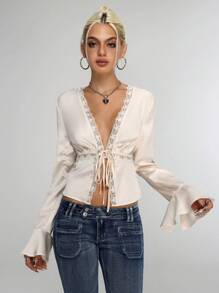 Flirla Women's Elegant Solid Color Lace Trim Tie Front Flare Sleeve Blouse Fall Cloth For Women - White - View 4